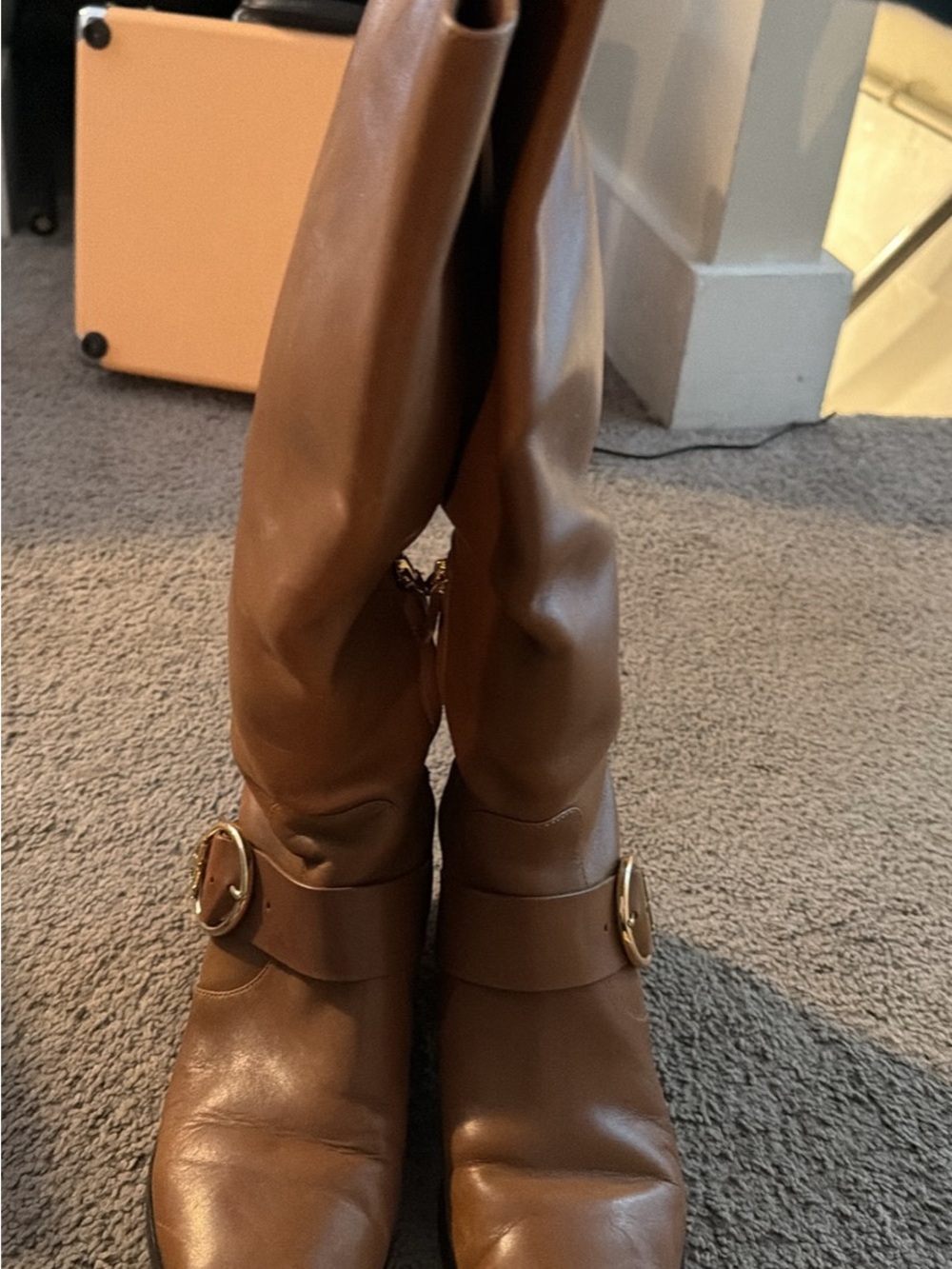 Tory Burch Brown Leather Knee-High Boots with Gold Buckle